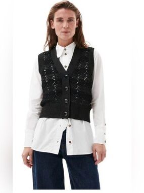 Ganni black crochet knit button front vest with some glitter detail Size Medium